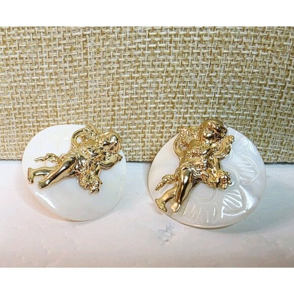 Vtg Lee Sands Angels Heishi Shell Stud Gold Tone Amber Bead Earrings - Picture 2 of 5